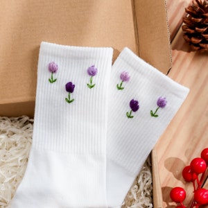 Tulips Embroidered Socks Custom, Name Embroidery Socks for Her, Personalized Socks Embroidery Flower, Tulips Embroidered Socks for Women