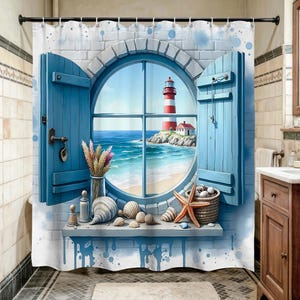 May include: A coastal-themed shower curtain featuring a round window with blue shutters. The window reveals a lighthouse on a rocky shore, with seashells, a starfish, and a vase of dried flowers on a shelf below. The curtain has a brick wall design with blue paint splatters.