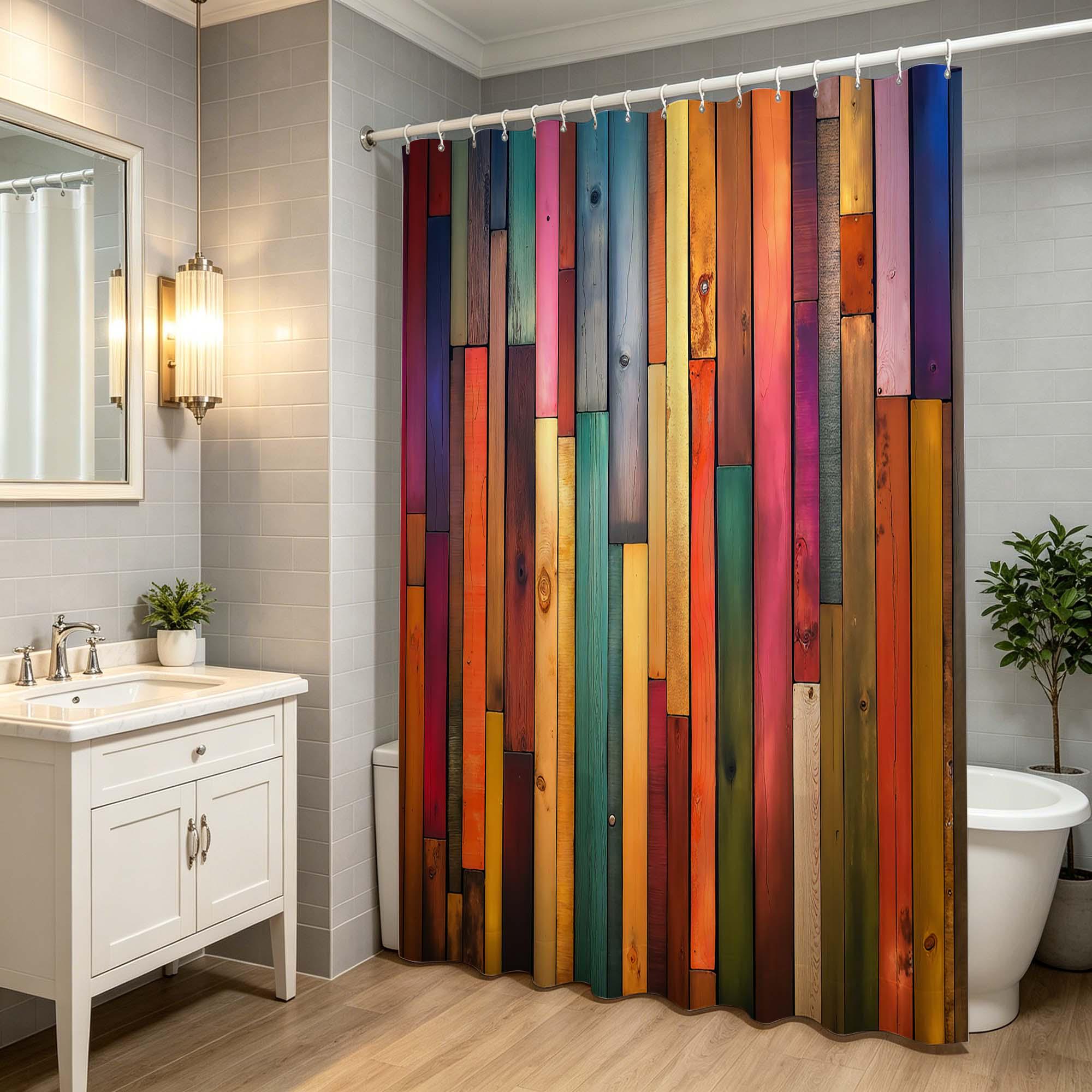 Colorful Wood Plank Shower Curtain, Rustic Multicolor Wooden Board Print Bathroom Curtain,Boho Farmhouse Bathroom Decor.