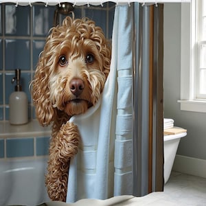 Teddy Dog Shower Curtain, Cute Labradoodle Peeking Dog Print Fabric Bathroom Curtain,for Dog Lovers Bathroom Decor.