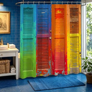May include: A shower curtain featuring a printed design of four vertical wooden shutters in vibrant colors including green, blue, red, orange, and yellow. The shutters have a distressed, weathered paint finish with visible wood grain and texture.