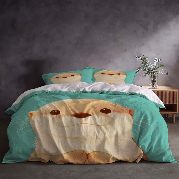 Weihnachtsgeschenk 3-teiliges Otter Bettbezug-Bettwäscheset, Queen-Size, beinhaltet Quiltbezug, Kissenbezüge, maschinenwaschbar