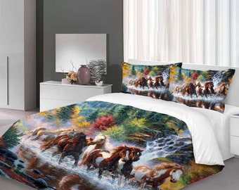 Christmas Galloping Horses Handmade Three-Piece Quilt cover Set Gift pillowcase Home Decor Child Gift for Soft Comfortable Bedding Bedroom.