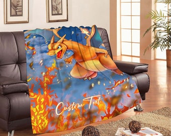 Retro Charizard Blankets Custom Name Tapestry Christmas Gift for Boys Girls and Adults winter blankets Handmade.