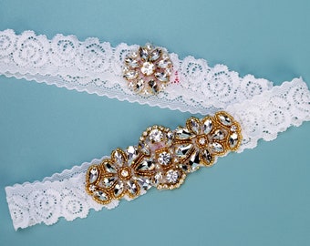 Liga de novia de cristal, liga de boda de plata, liga de boda, diamantes de imitación de cristal con detalles de oro rosa, liga de encaje, regalo de boda
