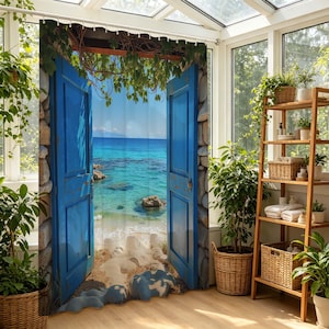 May include: A blue shower curtain depicting an open door with a beach view. The curtain shows a distressed blue door frame with stone detailing, leading to a turquoise sea and sandy shore. Green leaves are draped above the door.