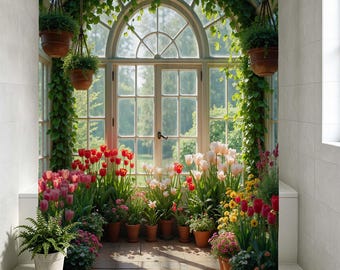 May include: A shower curtain featuring a printed image of a sunlit greenhouse with a large arched window, hanging plants in terracotta pots, and a variety of colorful tulips and green foliage arranged in pots on the floor.