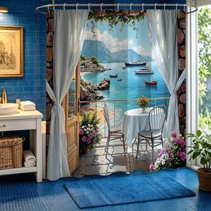 May include: A shower curtain featuring a scenic view of a coastal landscape with a balcony, table, and chairs. The curtain depicts a blue sea, boats, and a mountain in the distance. White curtains frame the view.