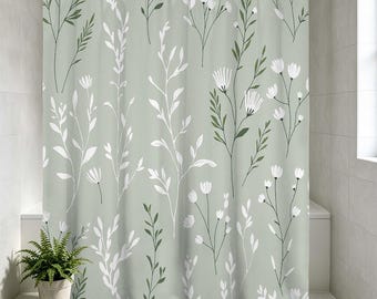 Boho Botanical Shower Curtain, Sage Green with White Wildflower & Leaf Print Bath Curtain, Minimalist Neutral Aesthetic Bathroom Decor.
