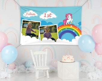 Custom Unicorn Birthday Banner, Personalized Rainbow Banner, 1st Birthday Photo Banner, Blue Birthday Banner, Custom Photo Banners