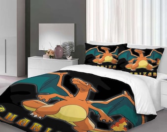 Custom Charizard Three-Piece Quilt cover Set Christmas Gift pillowcase Home Decor Child Gift for Soft Comfortable Bedding Bedroom.