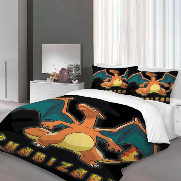 Ensemble de housse de couette trois pièces Charizard personnalisé, taie d'oreiller, cadeau de noël, décoration de maison, cadeau pour enfant, literie douce et confortable pour chambre à coucher.