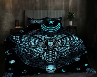 Dead Moth Gothic Skull Psychedelic Three-Piece Quilt cover Set Gift pillowcase Home Decor Child Gift for Soft Comfortable Bedding Bedroom.