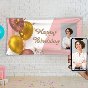 Picture Banner Birthday Custom,Personalized Birthday Banner,Pink Backdrop,Happy Birthday Backdrop,Party Supplies Banner