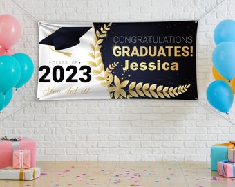 Baner ukończenia szkoły, spersonalizowany prezent ukończenia szkoły, tło ukończenia szkoły 2023, banery na przyjęcie z gratulacjami, niestandardowy baner ukończenia szkoły
