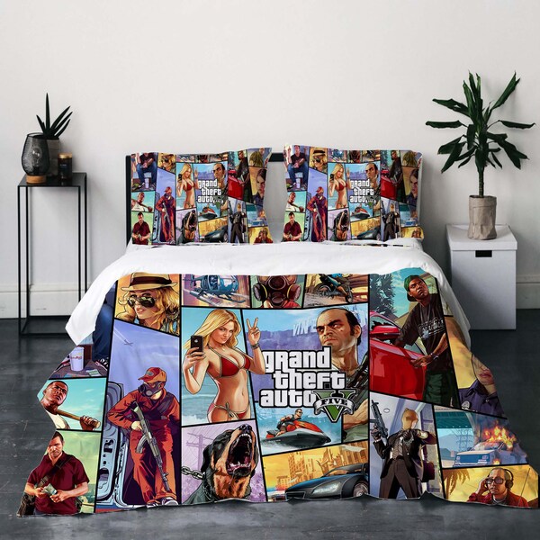 Custom Grand Theft Auto V Three-Piece Quilt cover Set Christmas Gift pillowcase Home Decor Child Gift for Soft Comfortable Bedding Bedroom.