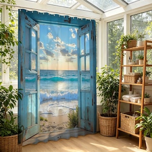 May include: A blue wooden door-shaped shower curtain with a beach scene. The curtain depicts an open door with a view of the ocean, waves, and a sandy beach under a cloudy sky. The door frame has a distressed, weathered appearance.