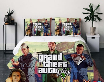 Ensemble de housse de couette trois pièces personnalisé Grand Theft Auto V, taie d'oreiller, cadeau de noël, décoration de maison, cadeau pour enfant, literie douce et confortable pour chambre à coucher.