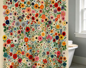 Boho Wildblumen Duschvorhang, Retro Multicolor Floral Botanisches Badezimmer Dekor, Vintage Heller Blumen Badvorhang, wasserdichtes Gewebe.