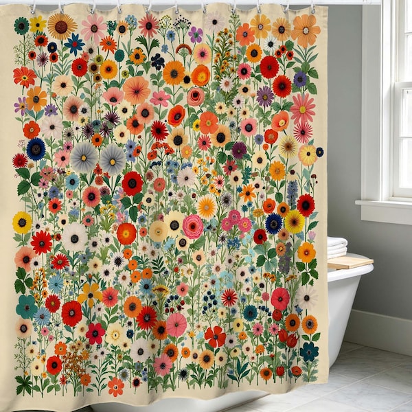 Boho Wildflower Shower Curtain, Retro Multicolor Floral Botanical Bathroom Decor, Vintage Bright Flower Bath Curtain, Waterproof Fabric.