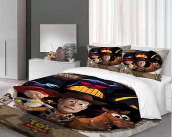 Juego de funda de edredón de tres piezas de Toy Story de Navidad, funda de almohada de regalo de Navidad, decoración del hogar, regalo para niños, ropa de cama suave y cómoda para dormitorio.