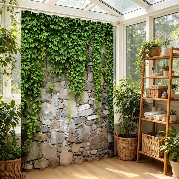 Steinmauer mit grünem Efeu Duschvorhang, rustikaler Vintage natürlicher Pflanzenbadezimmervorhang, Bauernhaus-Garten-Natur-Gewebe-Duschvorhang.