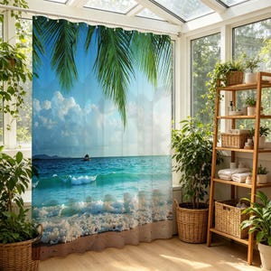 May include: A shower curtain featuring a high-resolution print of a tropical beach scene with turquoise ocean waves, white sea foam, sandy shore, and green palm fronds hanging from the top against a bright blue sky with white clouds.