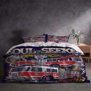 Christmas Firefighting Truck Three-Piece Quilt cover Set Gift pillowcase Home Decor Child Gift for Soft Comfortable Bedding Bedroom.