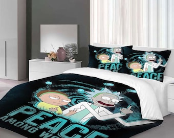 Kerst Rick en Morty driedelige dekbedovertrekset kerstcadeau kussensloop woondecoratie kindercadeau voor zacht comfortabel beddengoed slaapkamer.