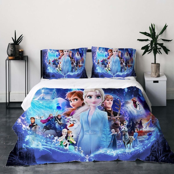 Juego de funda de edredón de tres piezas de Frozen de Disney, funda de almohada de regalo, decoración del hogar, regalo para niños, ropa de cama suave y cómoda para dormitorio.