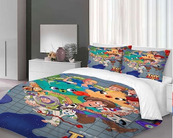 Juego de funda de edredón de tres piezas de Toy Story de Navidad, funda de almohada de regalo de Navidad, decoración del hogar, regalo para niños, ropa de cama suave y cómoda para dormitorio.