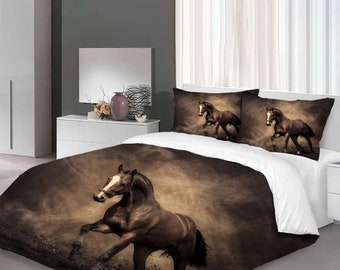 Custom Black White Horse Three-Piece Quilt cover Set Christmas Gift pillowcase Home Decor Child Gift for Soft Comfortable Bedding Bedroom.