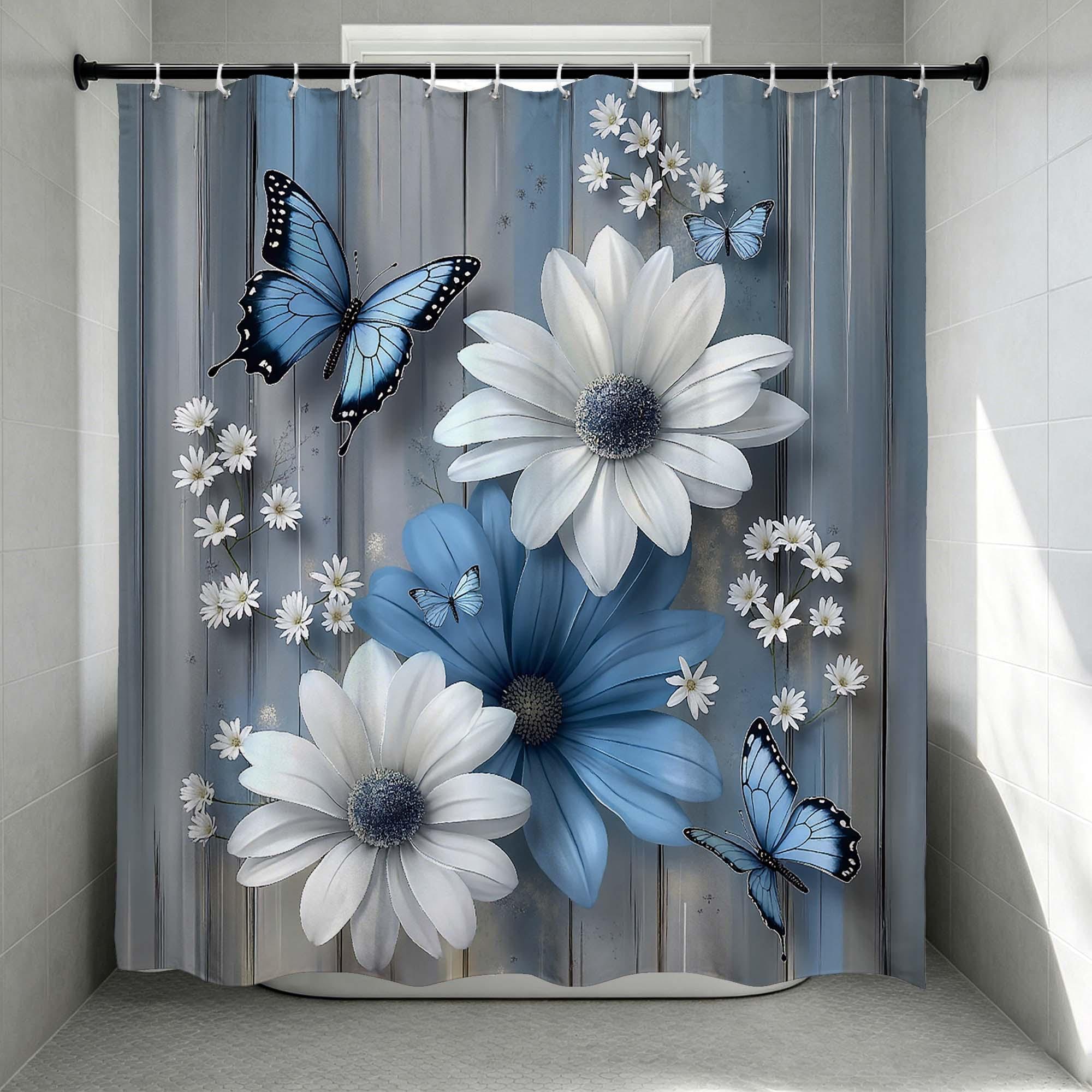 Rustic Blue and White Daisy Shower Curtain, Vintage Wood Grain Floral Butterfly Shower Curtain, Farmhouse Aesthetic Bathroom Decor.