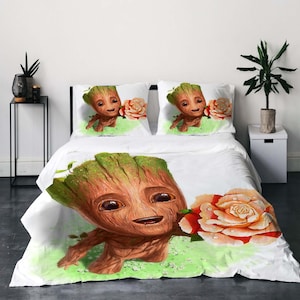 Guardians Galaxy  Groot Three-Piece Quilt cover Set Christmas Gift pillowcase Home Decor Child Gift for Soft Comfortable Bedding Bedroom.