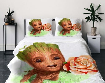 Ensemble de housse de couette trois pièces Galaxy Groot Guardians, cadeau de Noël, taie d'oreiller, décoration d'intérieur, cadeau d'enfant pour une literie douce et confortable.