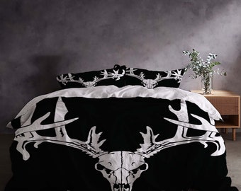 Custom Christmas Deer Antler Skull Three-Piece Quilt cover Set Gift pillowcase Home Decor Child Gift for Soft Comfortable Bedding Bedroom.