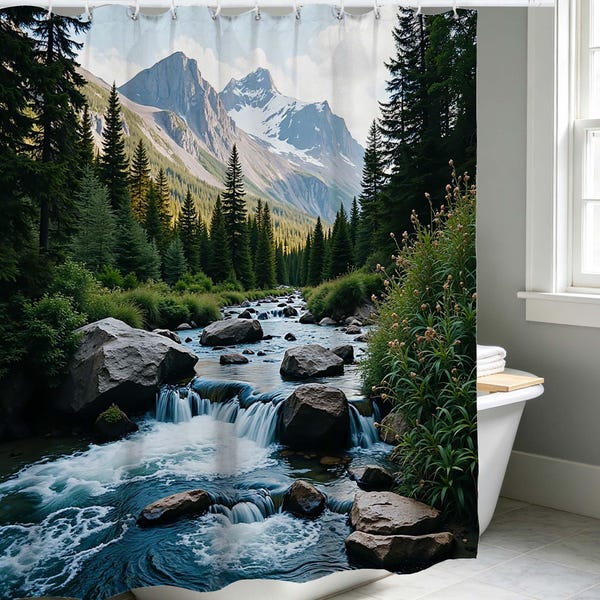 Forest Mountain Shower Curtain,Pine Trees with Cascading River Waterfall Scenery,Nature Wilderness Bathroom Curtain,Rustic Landscape Decor.