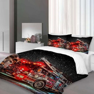 Christmas Firefighting Truck Three-Piece Quilt cover Set Gift pillowcase Home Decor Child Gift for Soft Comfortable Bedding Bedroom.