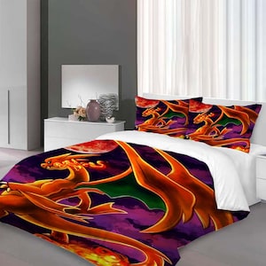 Custom Charizard Three-Piece Quilt cover Set Christmas Gift pillowcase Home Decor Child Gift for Soft Comfortable Bedding Bedroom.