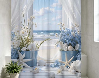 Cortina de ducha con diseño náutico playero, cortina de baño con estampado floral azul y blanco de estrellas de mar, conchas y olas del océano, decoración de baño veraniega costera.