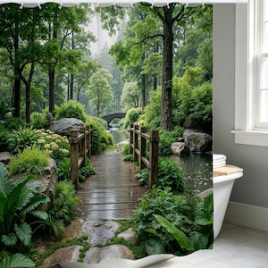 May include: A shower curtain featuring a serene forest scene. A wooden bridge leads over a stream towards a stone bridge in the distance. Lush green foliage and trees create a tranquil, natural setting.