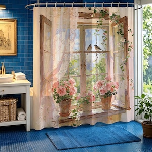 May include: A shower curtain featuring a printed image of an open wooden window with lace curtains, two birds perched on the frame, and three terracotta pots filled with pink roses sitting on the windowsill, accented by climbing floral vines.