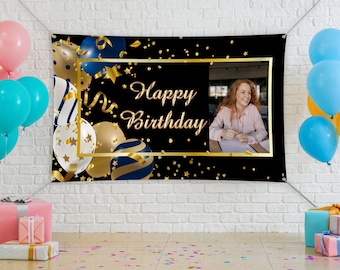Picture Banner Birthday Custom,Personalized Birthday Banner,Custom Backdrop,Black Happy Birthday Banner,Personalized Banner