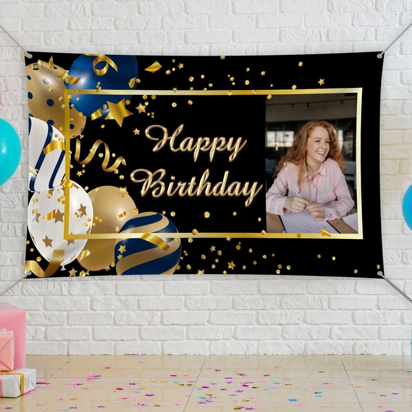 Picture Banner Birthday Custom,Personalized Birthday Banner,Custom Backdrop,Black Happy Birthday Banner,Personalized Banner