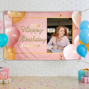 Picture Banner Birthday Custom,Personalized Birthday Banner,Pink Backdrop,Birthday Decoration,Custom Banners