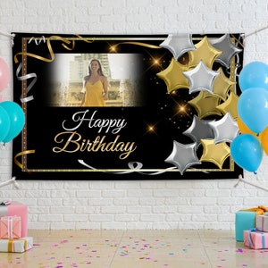 Happy Birthday Banner,Happy Birthday Backdrop,Personalized Banner,Custom Photo Banner,Black Happy Birthday Banner