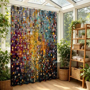 May include: A shower curtain featuring a dense, abstract pattern of small, circular dots in a vibrant spectrum of yellow, orange, purple, blue, and black. The design creates a textured, mosaic-like appearance across the entire fabric surface.