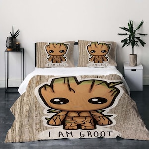 Guardians Galaxy  Groot Three-Piece Quilt cover Set Christmas Gift pillowcase Home Decor Child Gift for Soft Comfortable Bedding Bedroom.