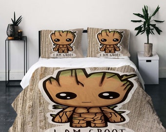 Guardians Galaxy  Groot Three-Piece Quilt cover Set Christmas Gift pillowcase Home Decor Child Gift for Soft Comfortable Bedding Bedroom.
