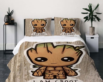 Juego de funda de edredón de tres piezas Guardians Galaxy Groot, funda de almohada de regalo de Navidad, decoración del hogar, regalo para niños, ropa de cama suave y cómoda para dormitorio.